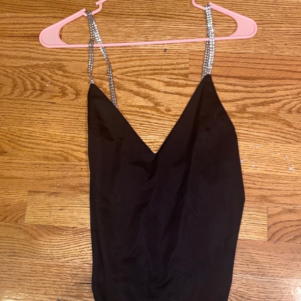 Black body suit with jeweled sleeves